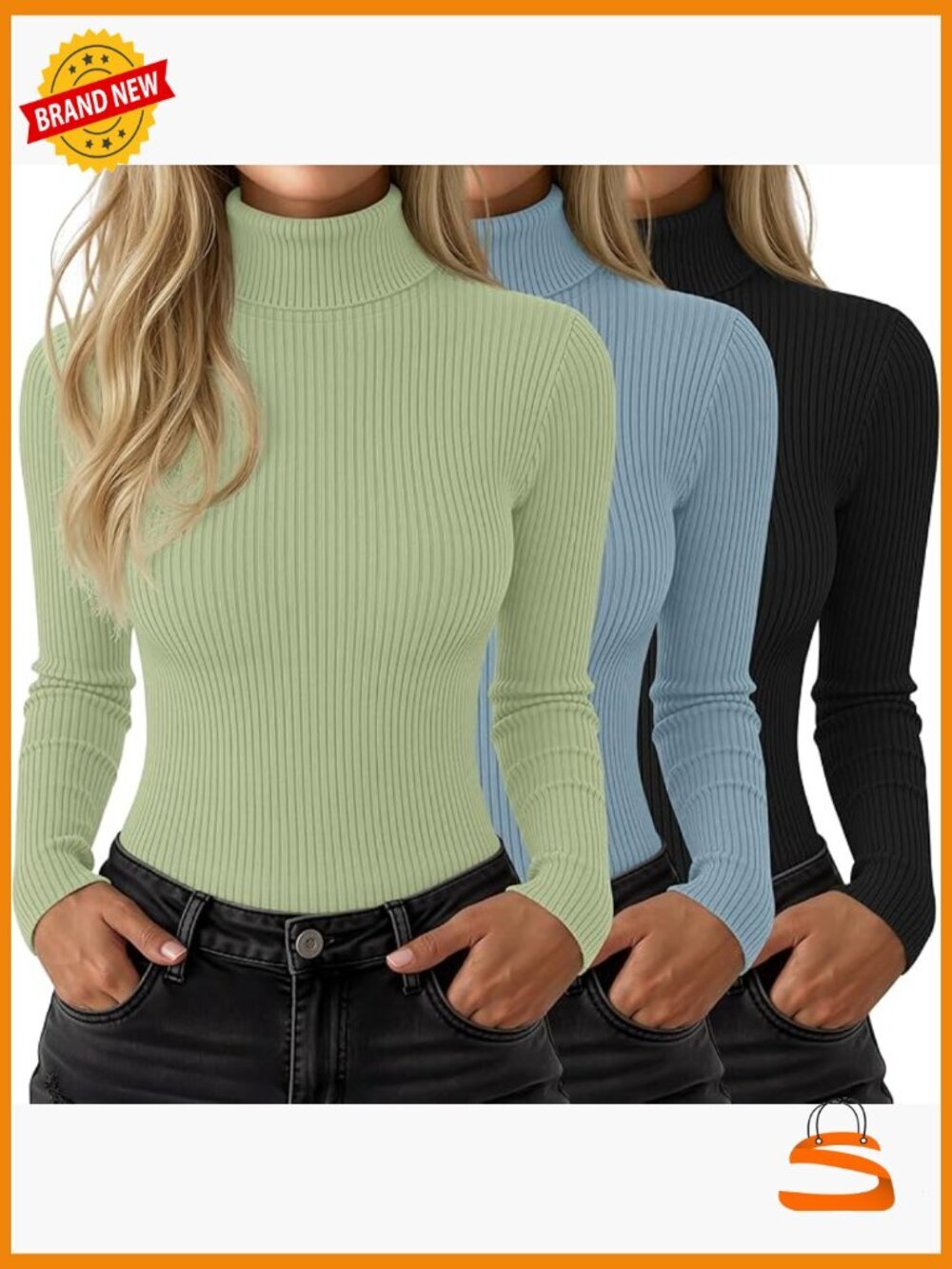3 Pack Ribbed Turtleneck Long Sleeve Tees Cotton Stretch Slim Fit Base Layer